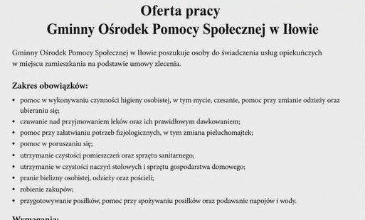,,Plakat z ofertą pracy Gminnego Ośrodka Pomocy Społecznej w Iłowie na stanowisko opiekuna osoby potrzebującej wsparcia. W górnej części znajduje się zdjęcie przedstawiające opiekuna trzymającego za ręce starszą osobę. Poniżej umieszczono informacje o zak