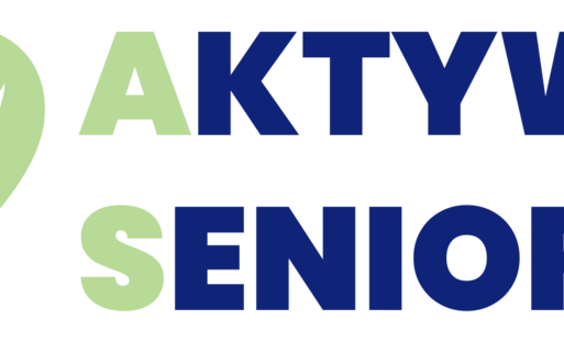 „Logo Aktywni Seniorzy – stylizowana sylwetka osoby w kolorze granatowym na jasnozielonym tle oraz napis „AKTYWNI SENIORZY” w granatowych i jasnozielonych literach.”